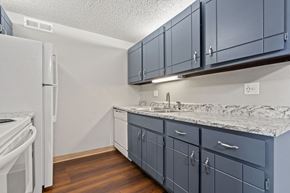 Wichita apartment for rent - a kitchen with blue cabinets and a white refrigerator