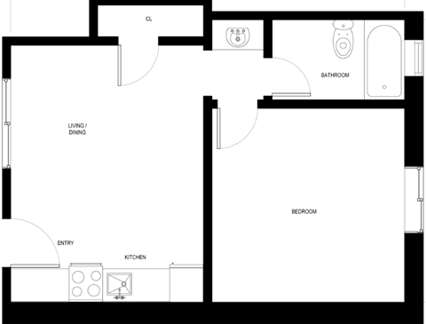 Floor plan for 1 bed, 1 bath, 392 sqft