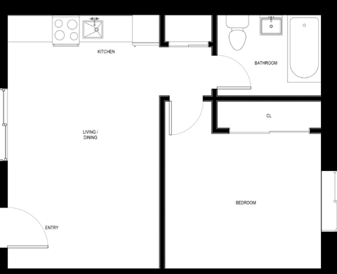 Floor plan for 1 bed, 1 bath, 474 sqft