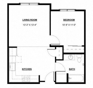 Floor plan for 1 bed, 1 bath, 603 sqft