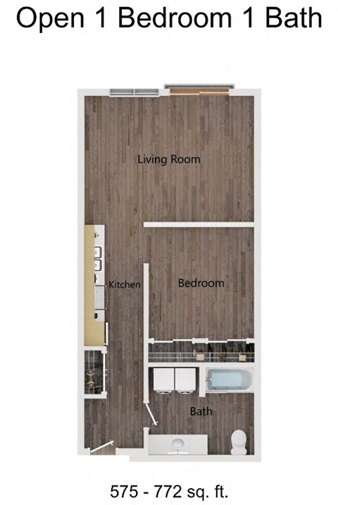 Floor plan for 1 bed, 1 bath, 682 sqft