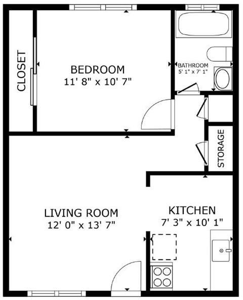 Floor plan for 1 bed, 1 bath, 550 sqft