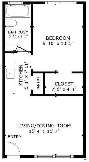 Floor plan for 1 bed, 1 bath, 550 sqft