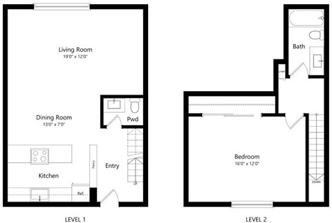 Floor plan for 1 bed, 1 bath, 900 sqft