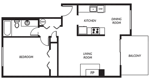 Floor plan for 1 bed, 1 bath, 750 sqft
