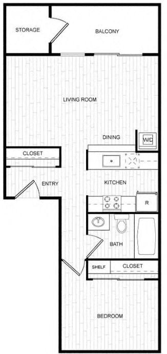 Floor plan for 1 bed, 1 bath, 750 sqft