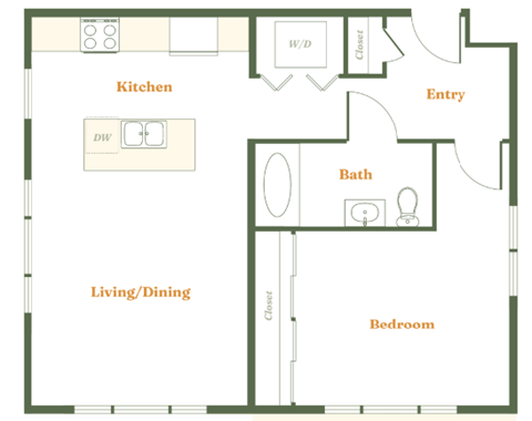 Floor plan for 1 bed, 1 bath, 571 sqft