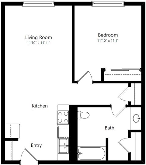 Floor plan for 1 bed, 1 bath, 725 sqft