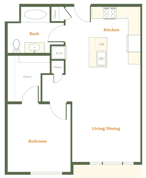 Floor plan for 1 bed, 1 bath, 752 sqft