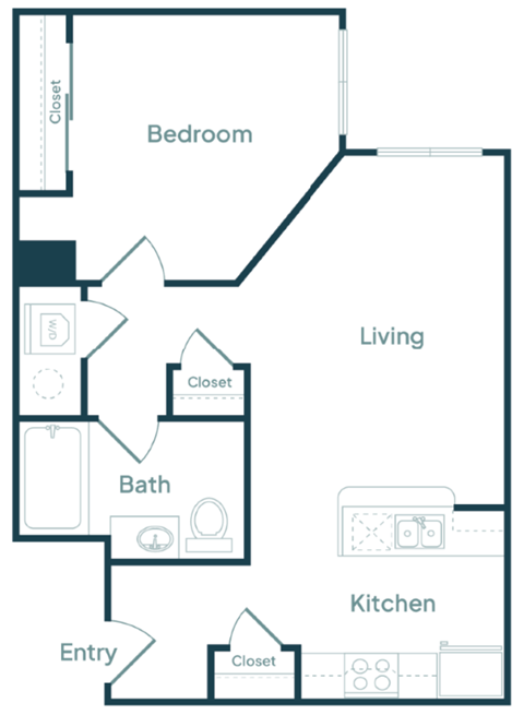 Floor plan for 1 bed, 1 bath, 644 sqft