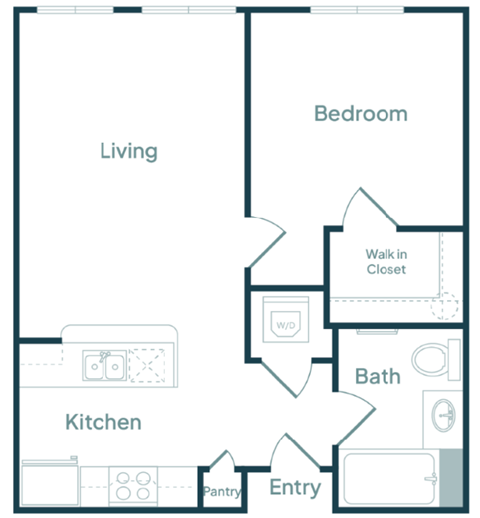 Floor plan for 1 bed, 1 bath, 571 sqft