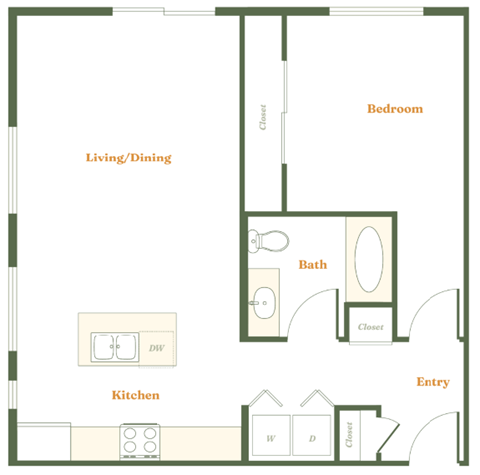 Floor plan for 1 bed, 1 bath, 619 sqft