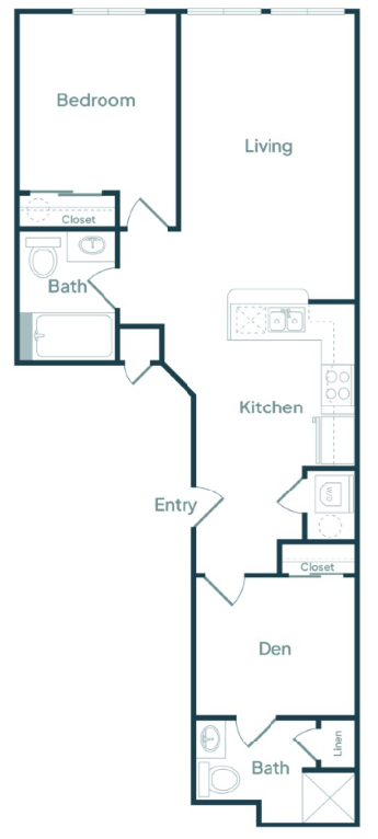 Floor plan for 1 bed, 1.5 baths, 888 sqft