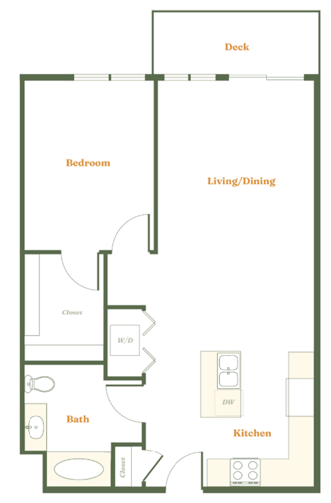 Floor plan for 1 bed, 1 bath, 753 sqft