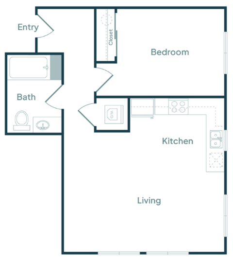 Floor plan for 1 bed, 1 bath, 622 sqft
