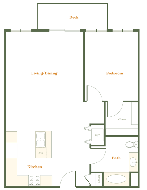 Floor plan for 1 bed, 1 bath, 800 sqft