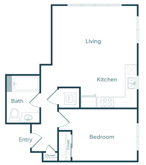 Floor plan for 1 bed, 1 bath, 622 sqft