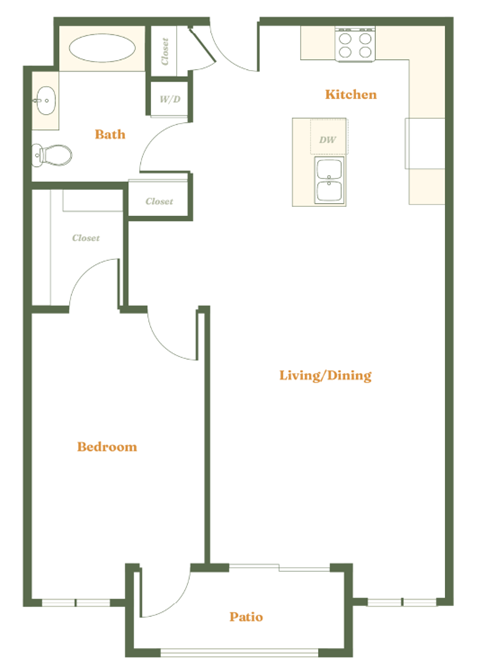 Floor plan for 1 bed, 1 bath, 832 sqft