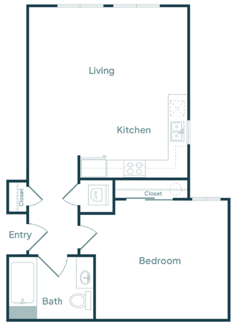 Floor plan for 1 bed, 1 bath, 622 sqft
