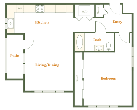 Floor plan for 1 bed, 1 bath, 837 sqft