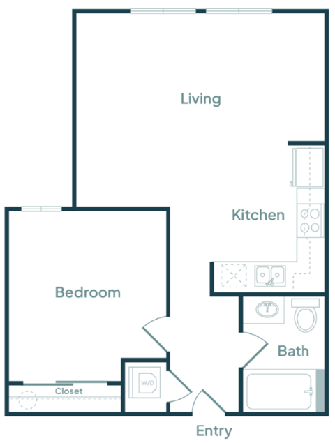 Floor plan for 1 bed, 1 bath, 622 sqft