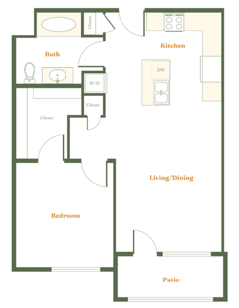 Floor plan for 1 bed, 1 bath, 753 sqft