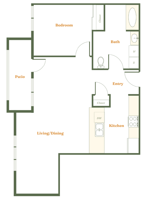 Floor plan for 1 bed, 1 bath, 694 sqft