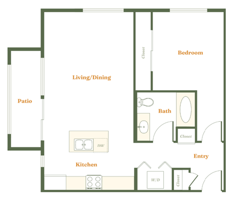 Floor plan for 1 bed, 1 bath, 776 sqft
