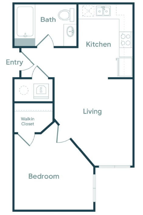 Floor plan for 1 bed, 1 bath, 571 sqft