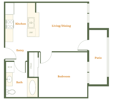 Floor plan for 1 bed, 1 bath, 694 sqft