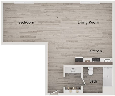 Floor plan for 1 bed, 1 bath, 696 sqft