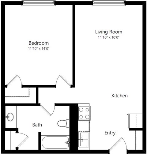 Floor plan for 1 bed, 1 bath, 800 sqft