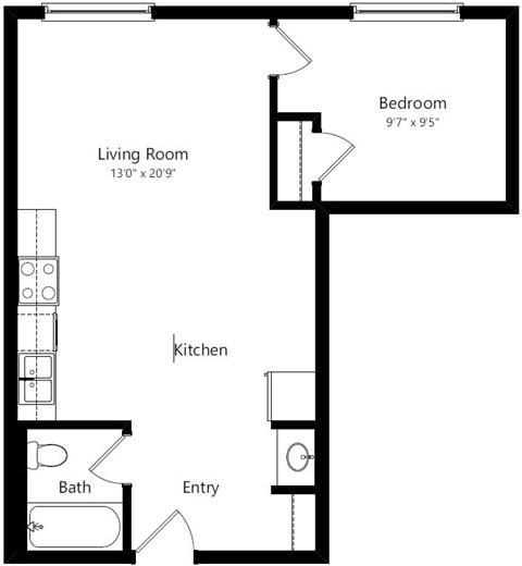 Floor plan for 1 bed, 1 bath, 559 sqft
