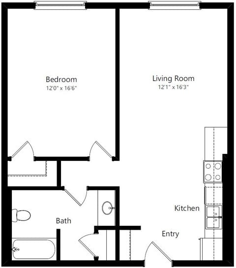 Floor plan for 1 bed, 1 bath, 725 sqft