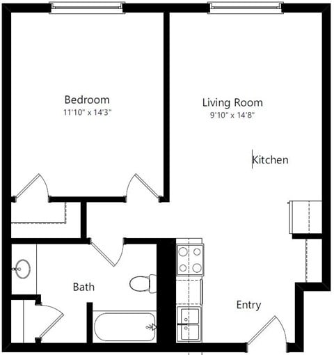 Floor plan for 1 bed, 1 bath, 675 sqft