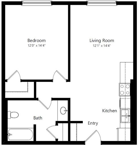 Floor plan for 1 bed, 1 bath, 675 sqft