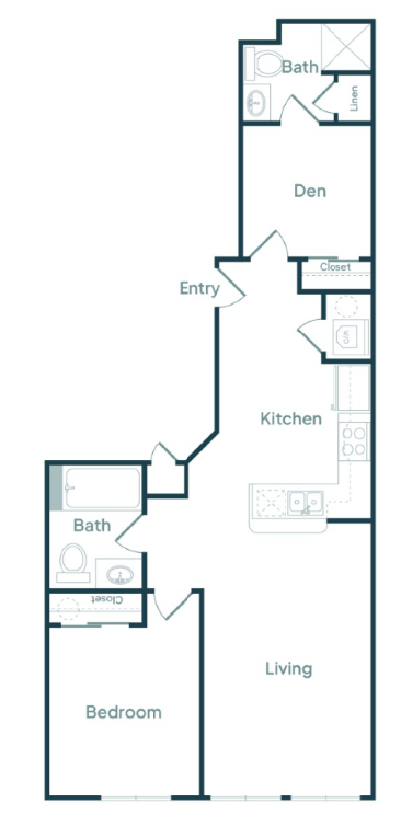 Floor plan for 1 bed, 1.5 baths, 622 sqft