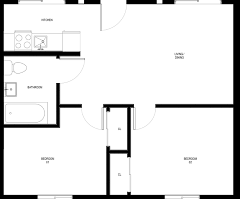 Floor plan for 2 beds, 1 bath, 592 sqft