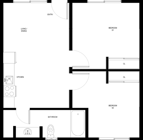 Floor plan for 2 beds, 1 bath, 592 sqft