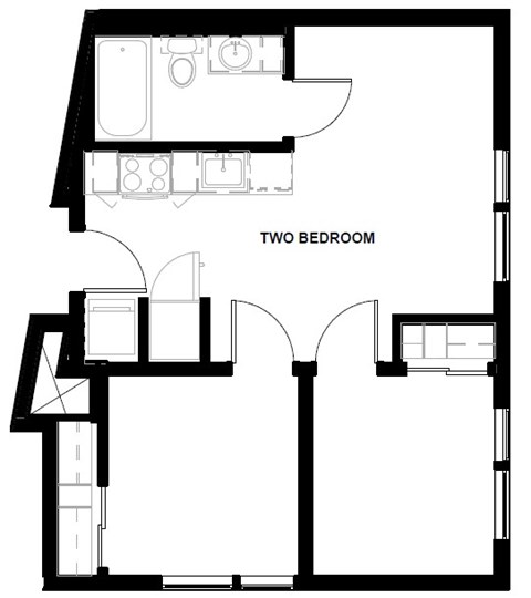 Floor plan for 2 beds, 1 bath, 642 sqft