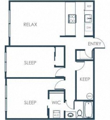 Floor plan for 2 beds, 1 bath, 980 sqft