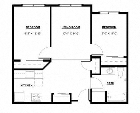 Floor plan for 2 beds, 1 bath, 838 sqft