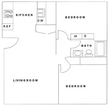 Floor plan for 2 beds, 1 bath, 759 sqft