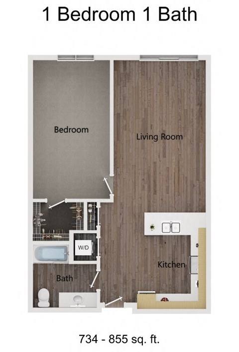 Floor plan for 1 bed, 1 bath, 840 sqft