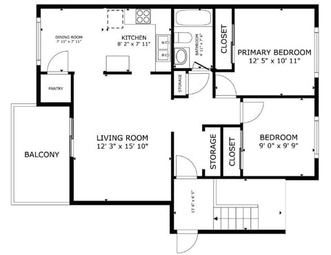 Floor plan for 2 beds, 1 bath, 780 sqft