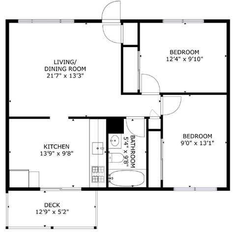 Floor plan for 2 beds, 1 bath, 800 sqft