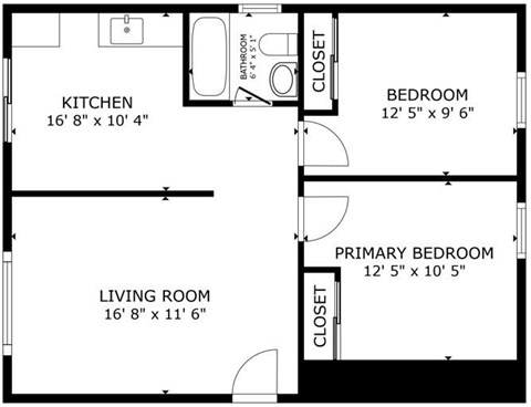 Floor plan for 2 beds, 1 bath, 650 sqft