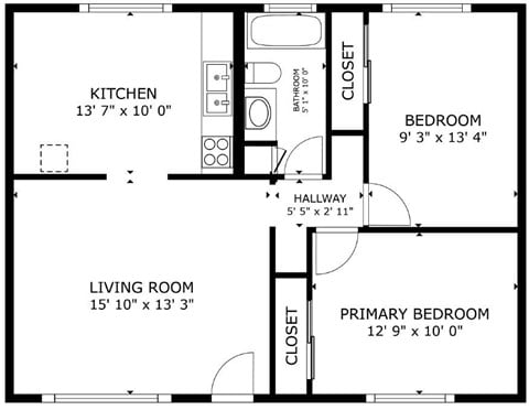 Floor plan for 2 beds, 1 bath, 780 sqft