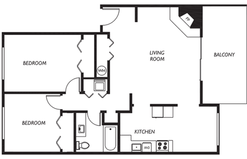 Floor plan for 2 beds, 1 bath, 950 sqft