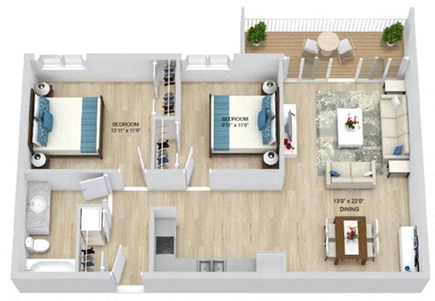 Floor plan for 2 beds, 1 bath, 825 sqft